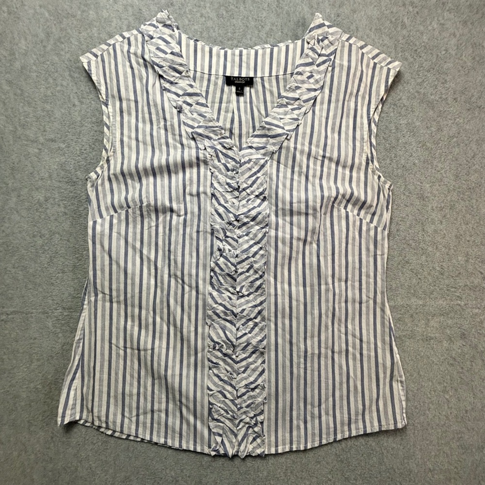 Talbots Striped Sleeveless Ruffle Neck V-Neck Blouse‎ Women's Size 6